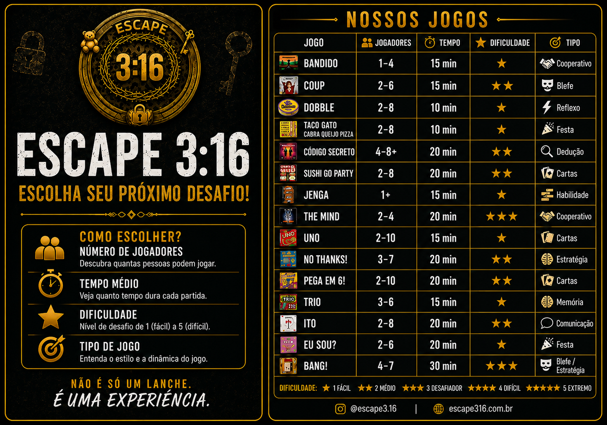 Cardápio oficial de jogos da Escape 3:16
